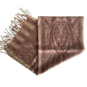 Vintage Wool Paisley Scarf | Neutral Beige & Dusty Rose | Soft Fringe Wrap